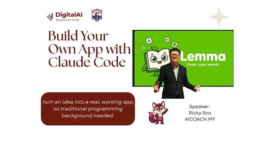 Build Your Own App with Claude Code - Free online AI coding workshop July 23 2026 Malaysia featuring Lemma vocabulary app case study