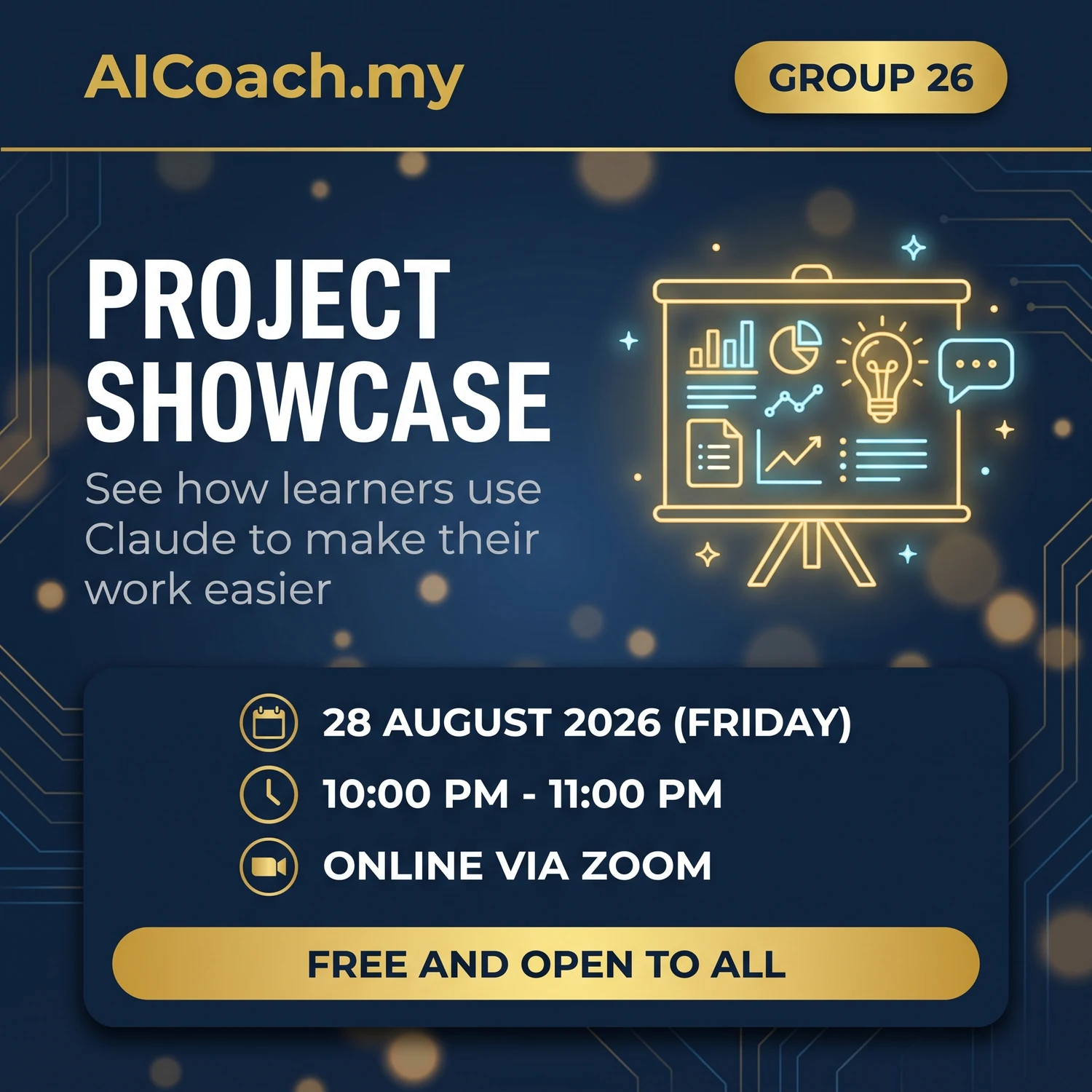 Project Showcase Group 26 - AICoach.my learners present how they use Claude AI at work, free online event 28 August 2026 Malaysia