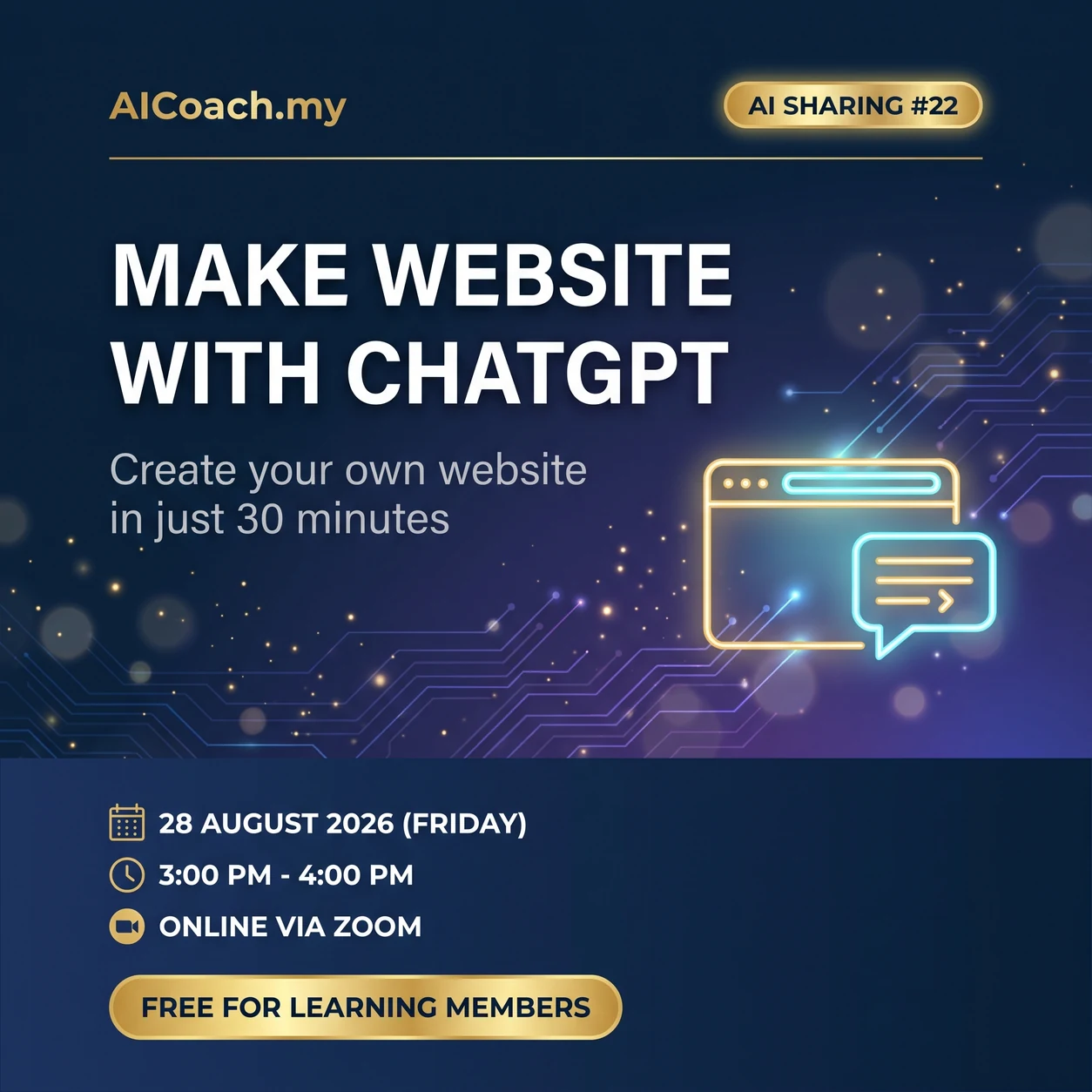 AI Sharing #22 - Make Website with ChatGPT - Free online AI knowledge session for AICoach.my learning members in Malaysia, date to be confirmed