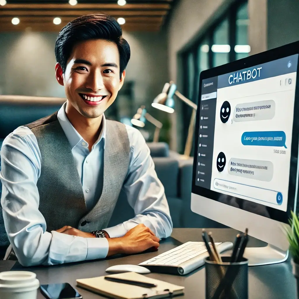 Illustration of a man at a desk smiling beside a monitor showing a chatbot conversation window