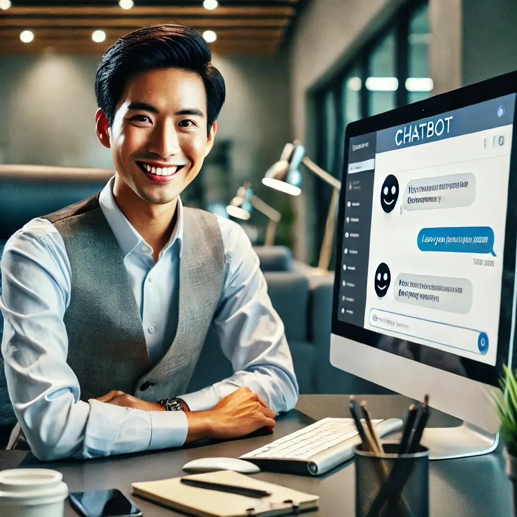 Illustration of a man at a desk smiling beside a monitor showing a chatbot conversation window