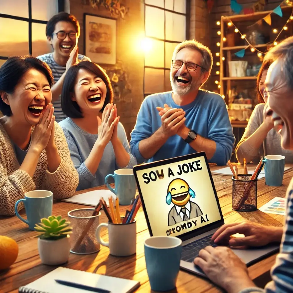 Illustration of a group of friends laughing around a table with a laptop showing a cartoon joke on screen