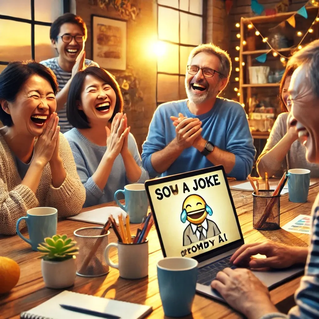 Illustration of a group of friends laughing around a table with a laptop showing a cartoon joke on screen