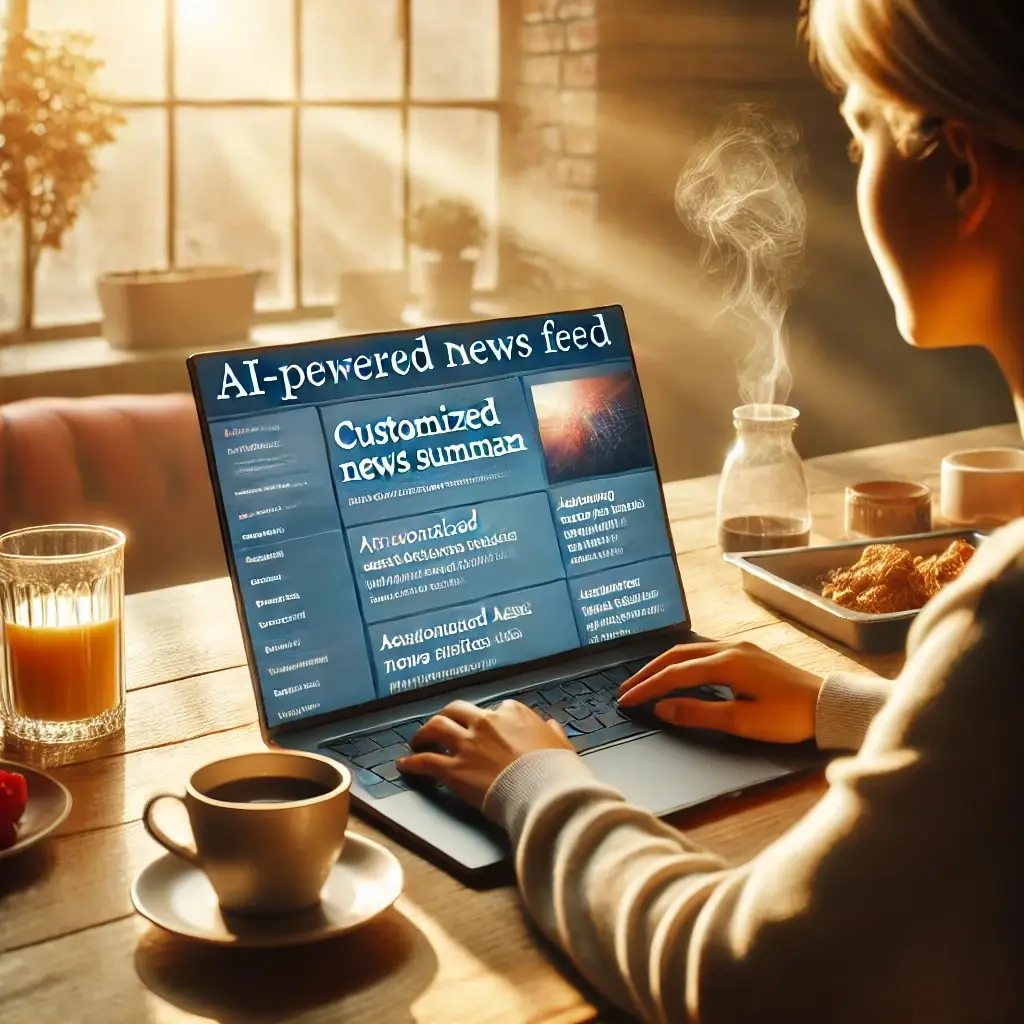 Illustration of a person reading a personalised AI news feed on a laptop at a breakfast table