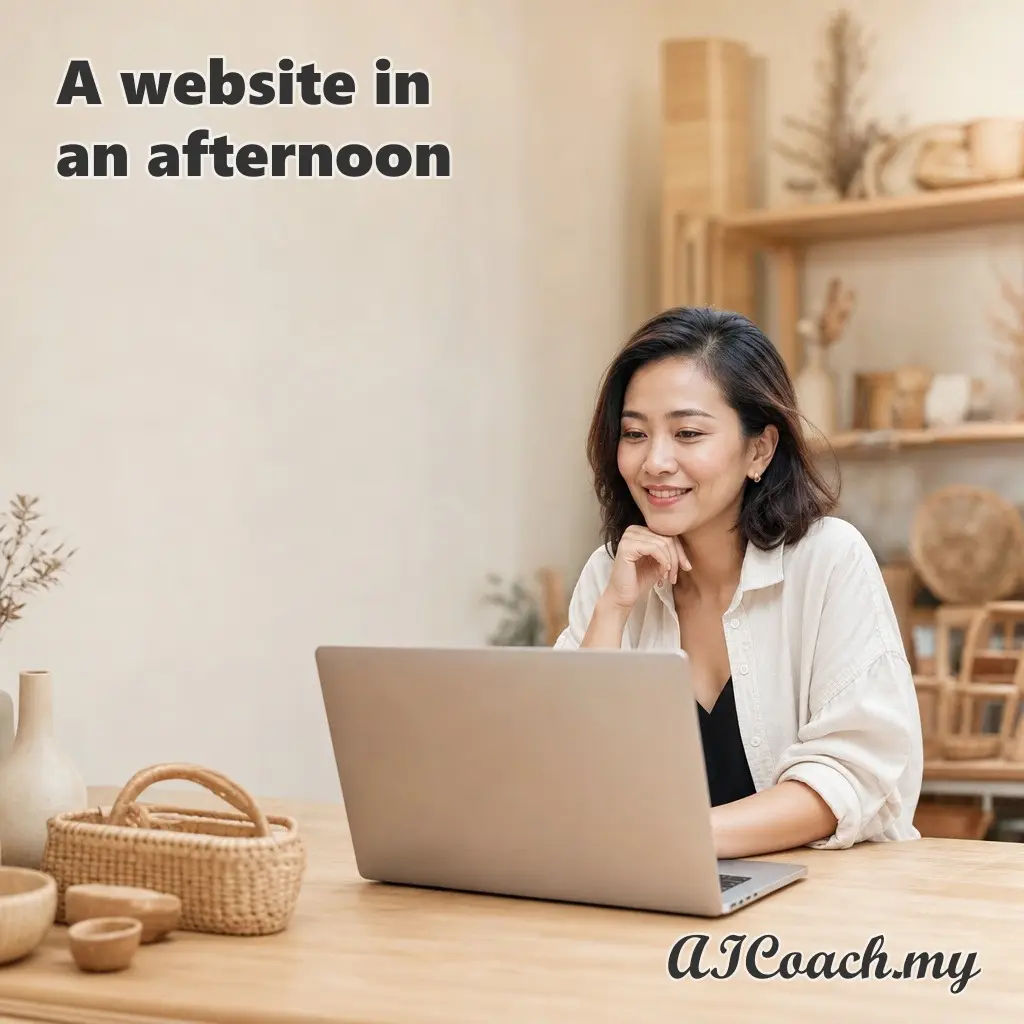 AICoach.my graphic reading 'A website in an afternoon', showing a small business owner pleased with what is on her laptop