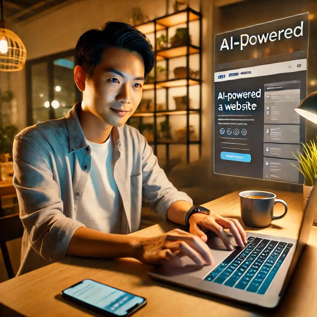 Illustration of a man working on a laptop in a cafe with an AI-generated website mockup floating beside him