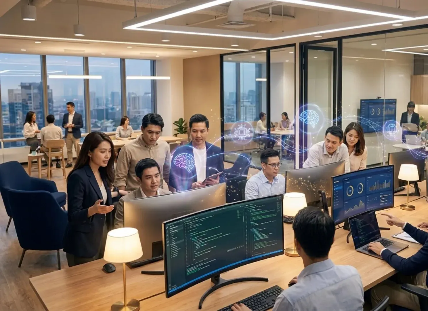 Illustration of a software team gathered around code and dashboard screens in a modern open-plan office