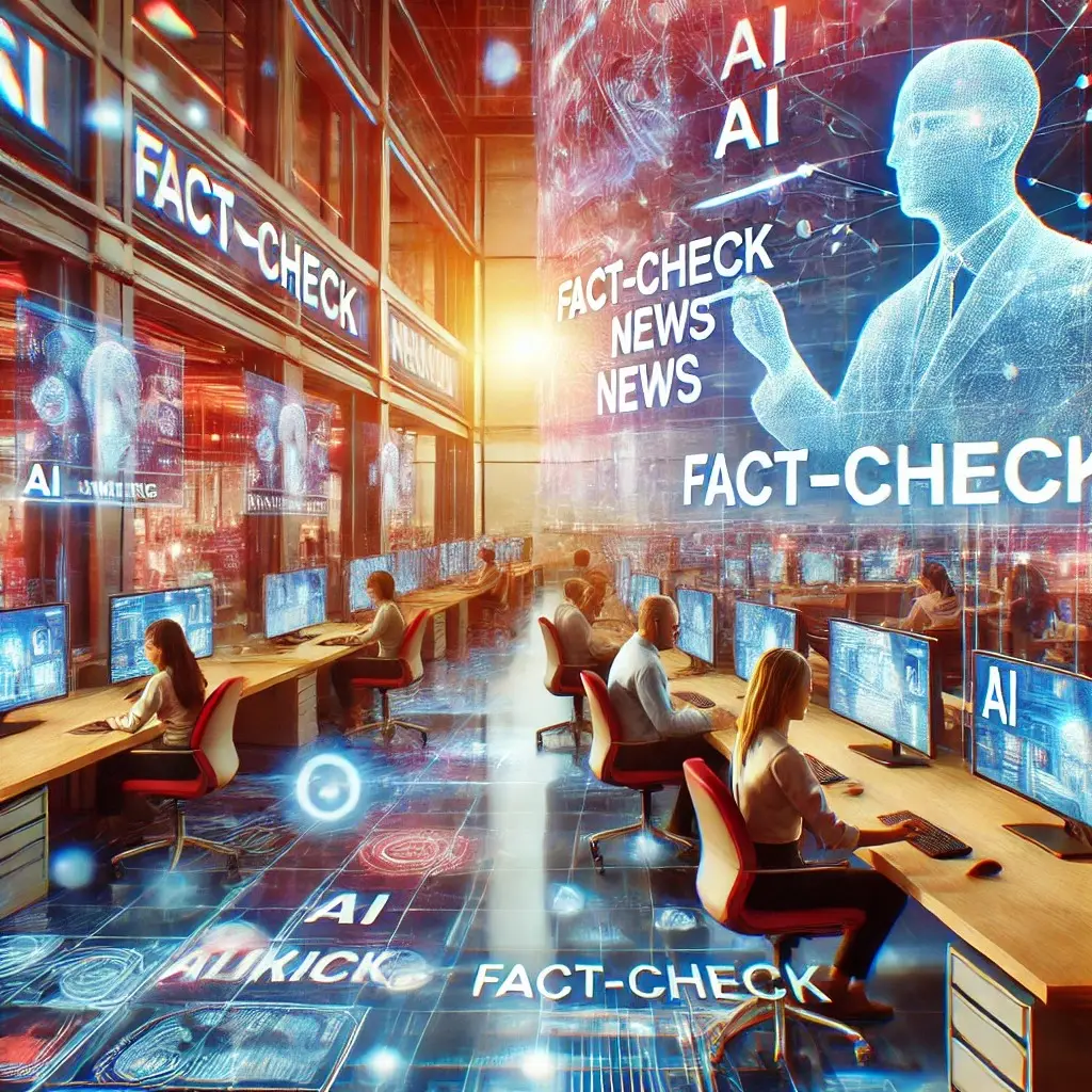 Illustration of a newsroom with people at computers and large fact-check graphics overlaid across the scene