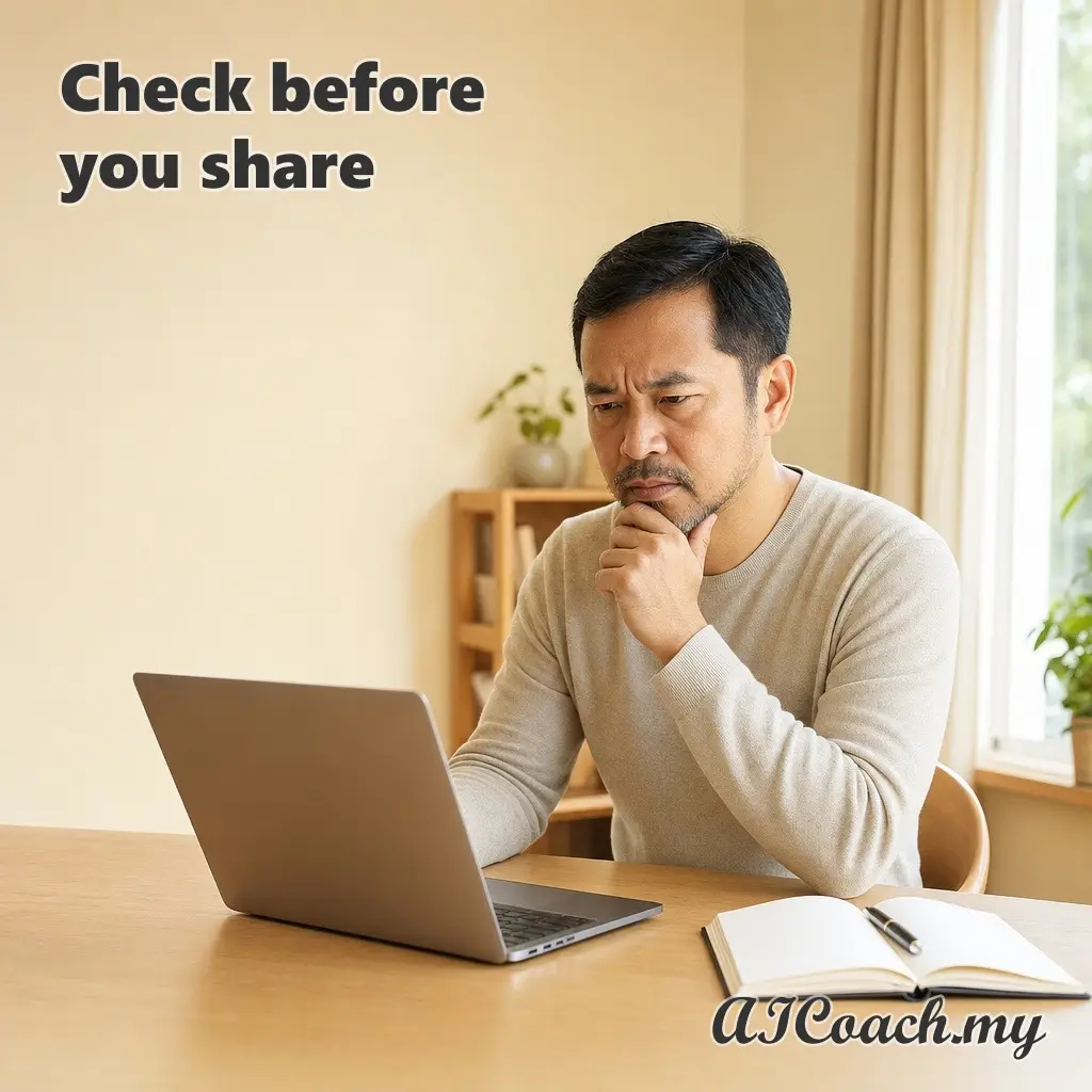 AICoach.my graphic reading 'Check before you share', showing a man reading carefully from a laptop with a notebook open beside him