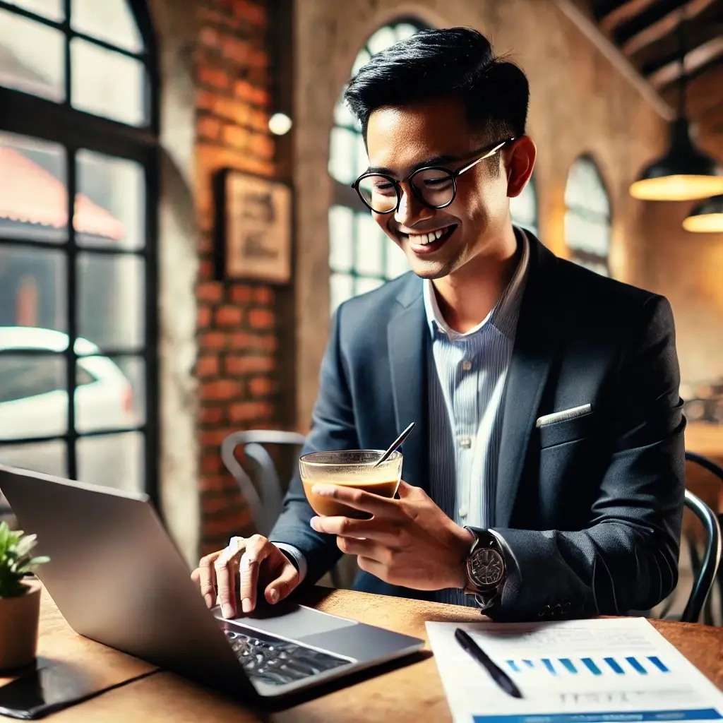 Illustration of a man in a blazer smiling at his laptop in a cafe, with a printed chart on the table beside him