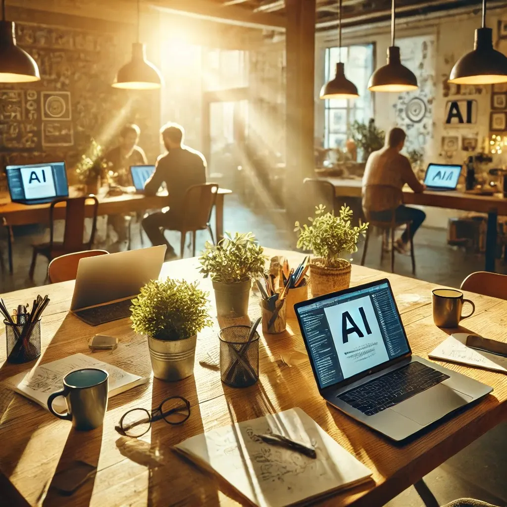 Illustration of a sunlit co-working space with people at laptops around wooden tables