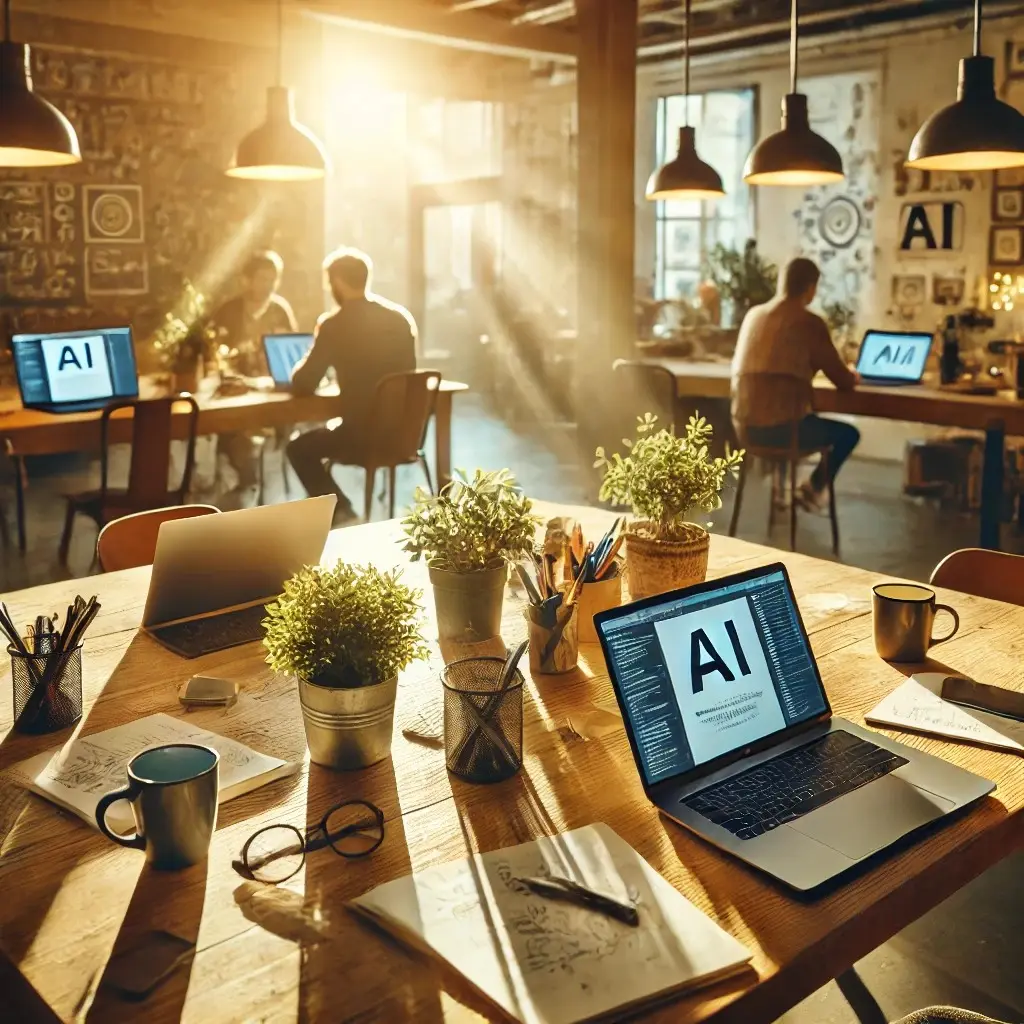 Illustration of a sunlit co-working space with people at laptops around wooden tables