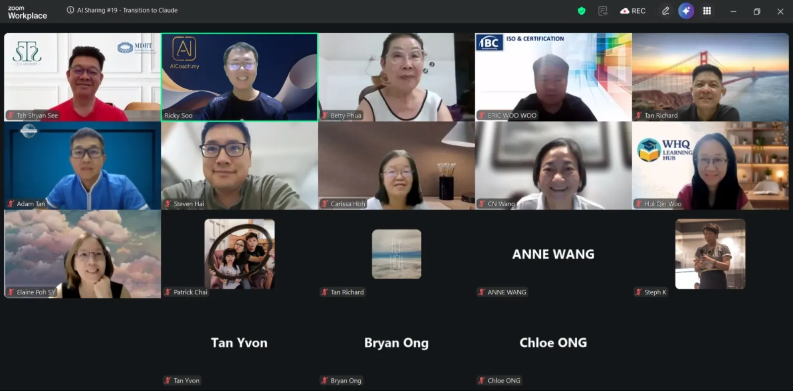 Zoom grid of participants at AI Sharing #19, Transition to Claude, 21 June 2026