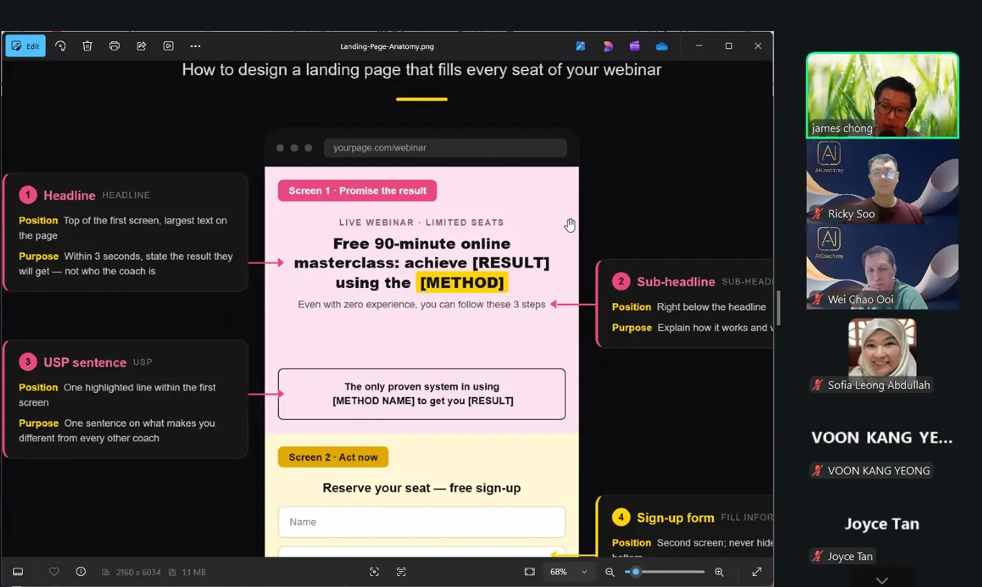 James Chong sharing his landing page anatomy breakdown on screen at AI Sharing #21