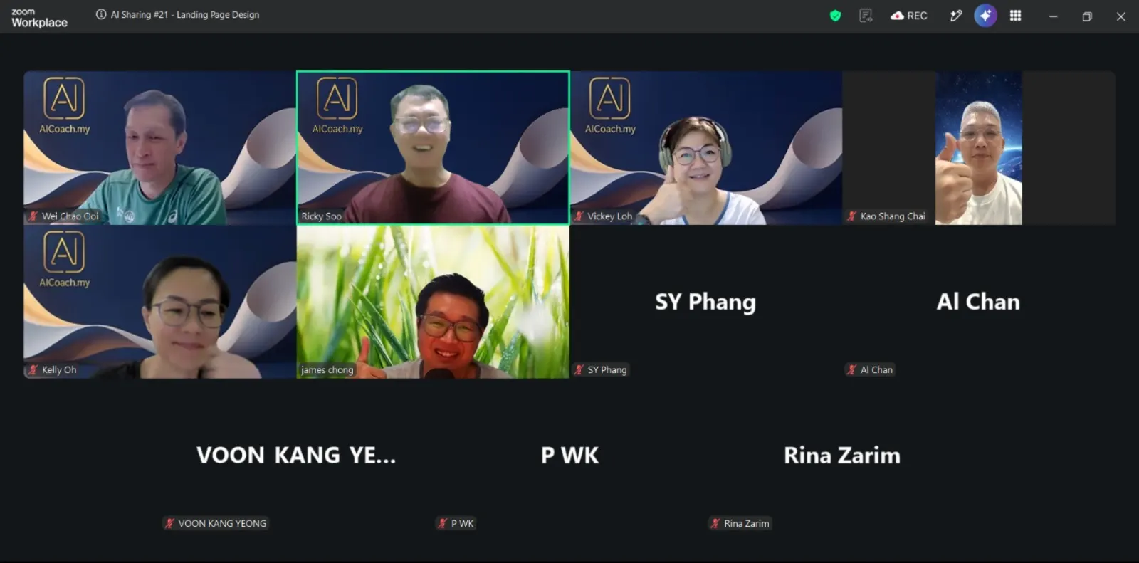 Zoom grid of participants at AI Sharing #21, Landing Page Design, 1 August 2026