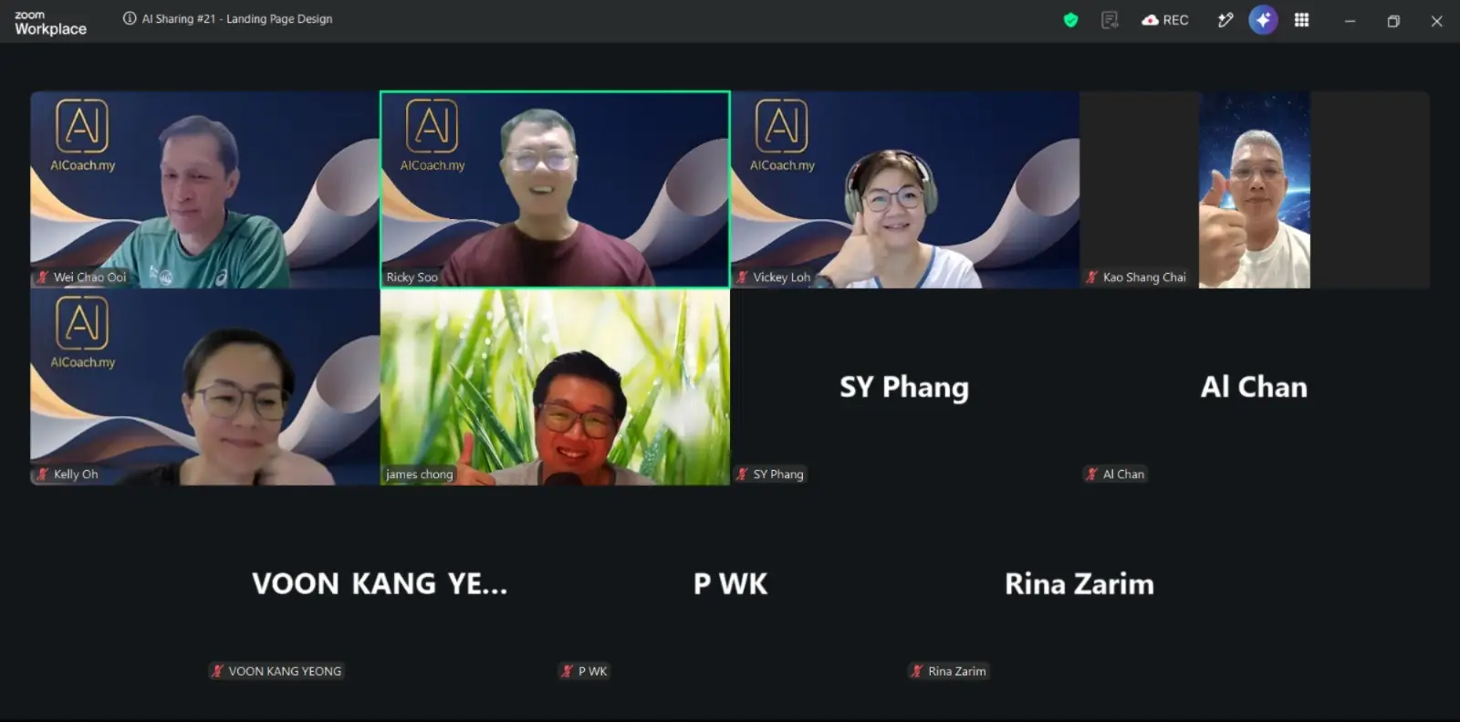 Zoom grid of participants at AI Sharing #21, Landing Page Design, 1 August 2026