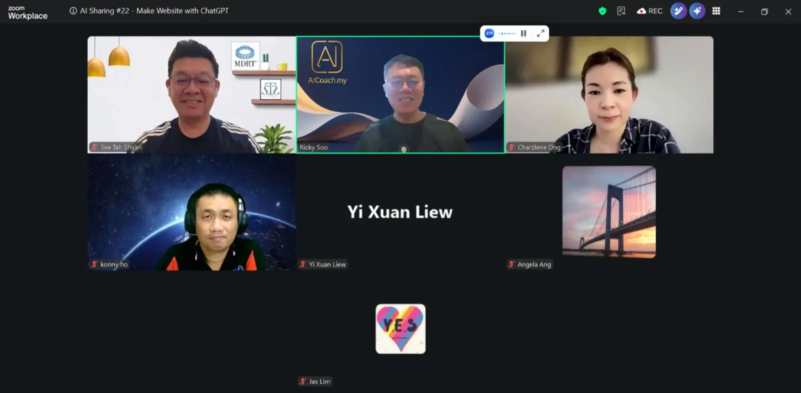 Zoom grid of Ricky Soo and AICoach.my learning members at AI Sharing #22, Make Website with ChatGPT, 26 September 2026