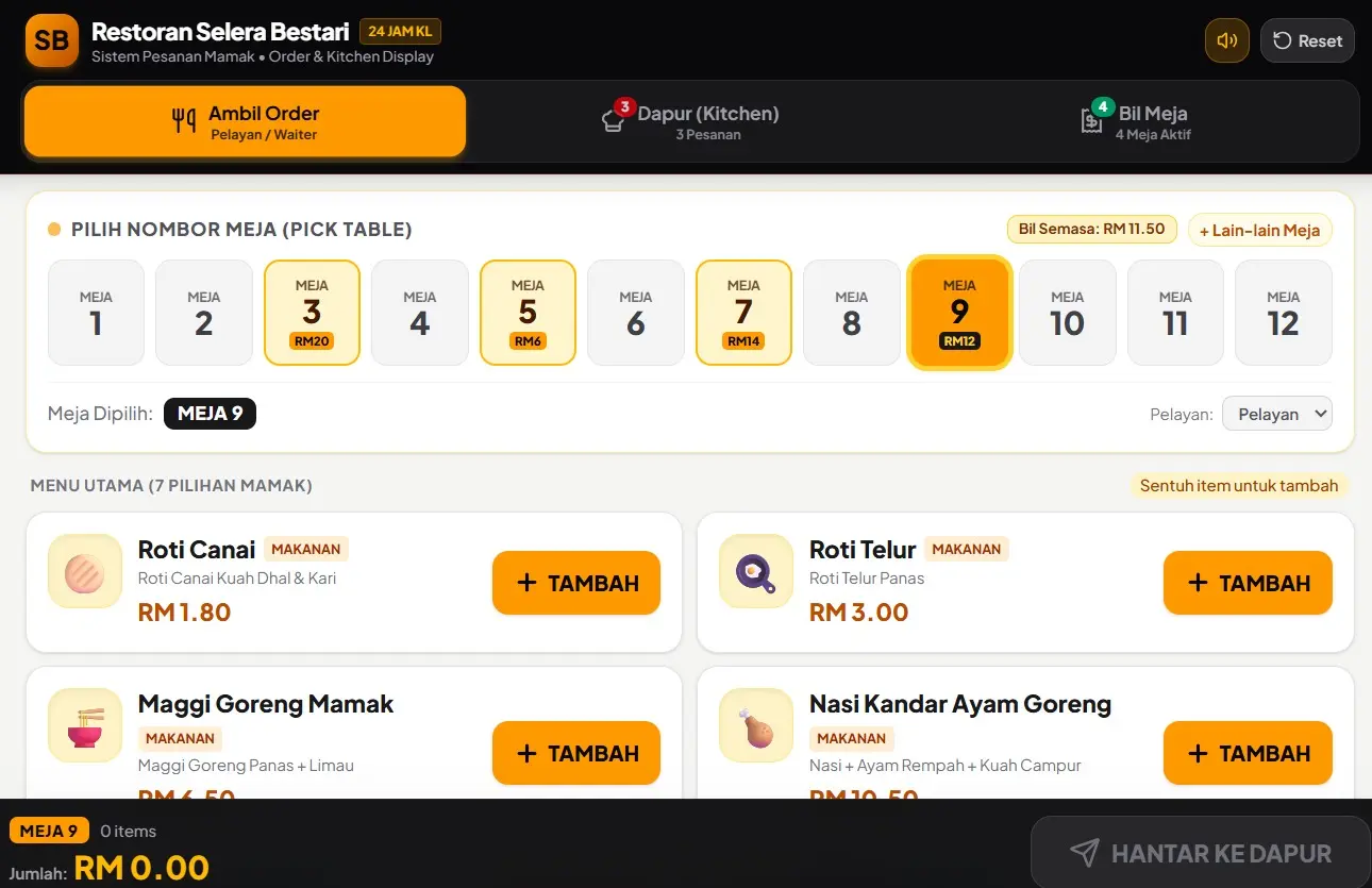 Waiter screen of a mamak ordering app built in Google AI Studio, showing table numbers and menu items such as roti canai and roti telur, AI Sharing #23, 1 October 2026