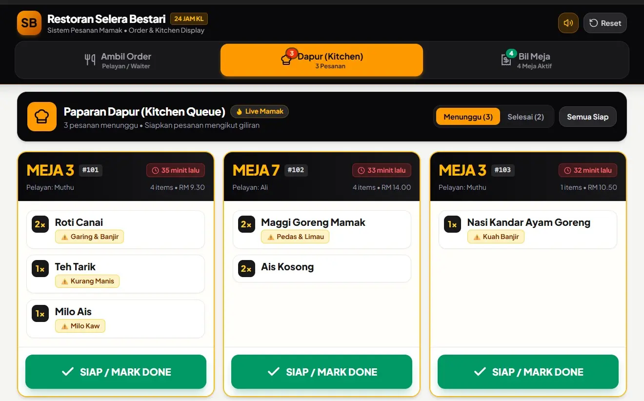 Kitchen screen of the mamak ordering app showing three incoming orders by table with green Siap buttons to mark each one done, AI Sharing #23, 1 October 2026