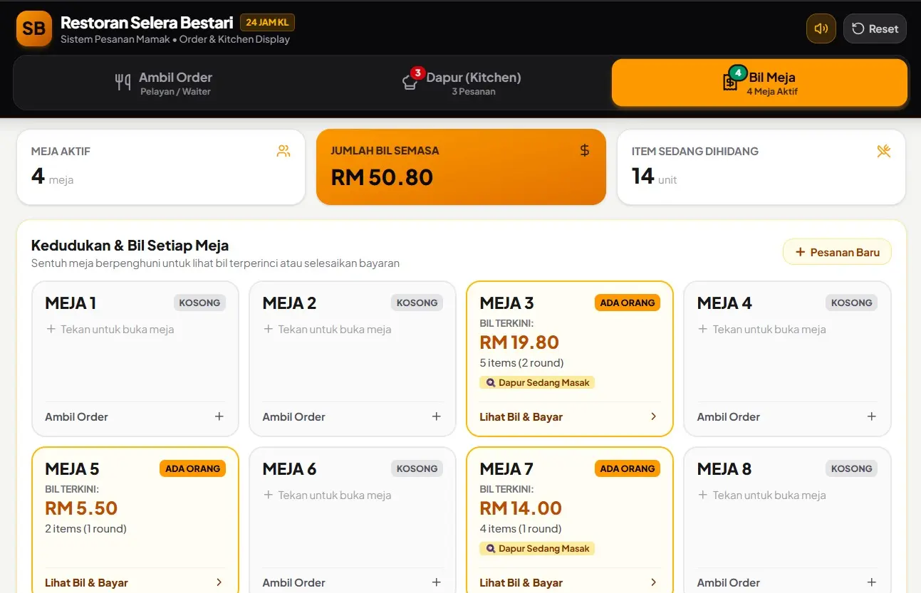 Table bill screen of the mamak ordering app showing occupied tables and the running bill for each, AI Sharing #23, 1 October 2026