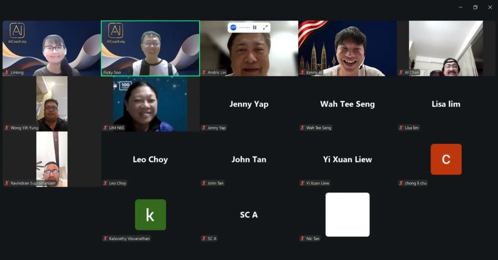 Zoom grid of participants and hosts Ricky Soo and Li Hong smiling at the end of AI Sharing #23, AI Mamak, online, 1 October 2026