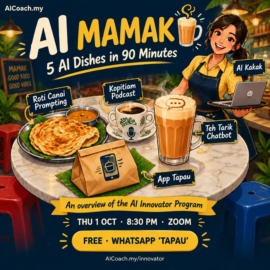 AI Mamak: 5 AI Dishes in 90 Minutes event poster showing a mamak table with roti canai, kopitiam coffee, teh tarik and a tapau bag labelled with the five AI dishes, AICoach.my, 1 October 2026