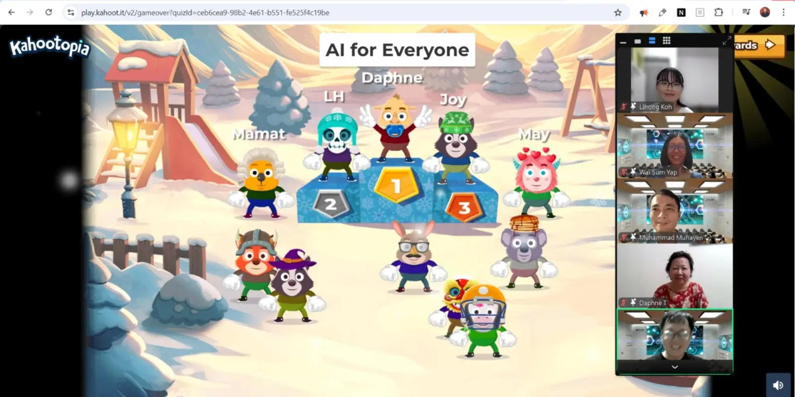 Kahoot leaderboard from an AI for Everyone quiz during AI Sharing #5, with Zoom participant tiles alongside