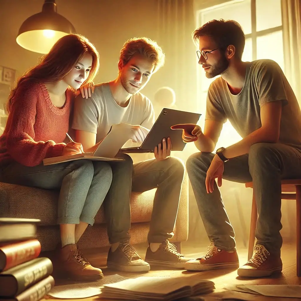 Illustration of three people sitting together in warm lamplight, discussing something on a tablet one of them is holding