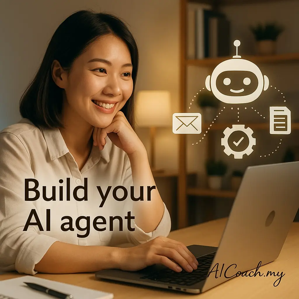 AICoach.my graphic titled Build your AI agent, showing a person at a laptop with email, document and settings icons