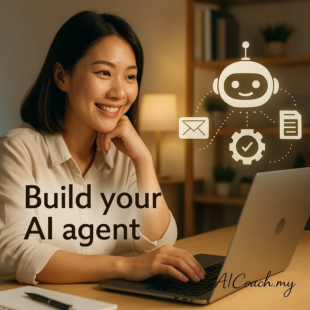 AICoach.my graphic titled Build your AI agent, showing a person at a laptop with email, document and settings icons