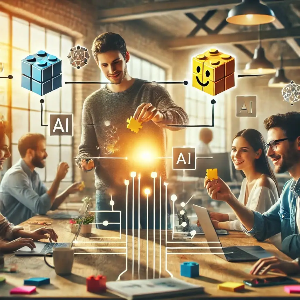 Illustration of a team around a table with glowing connector lines linking building blocks between laptops