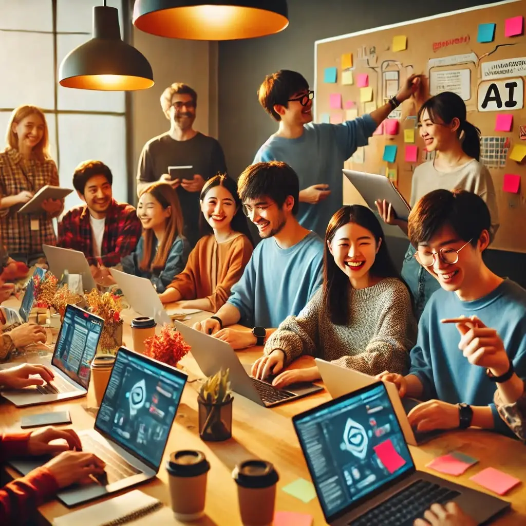 Illustration of a group of people working on laptops together around a table with sticky notes on the wall behind