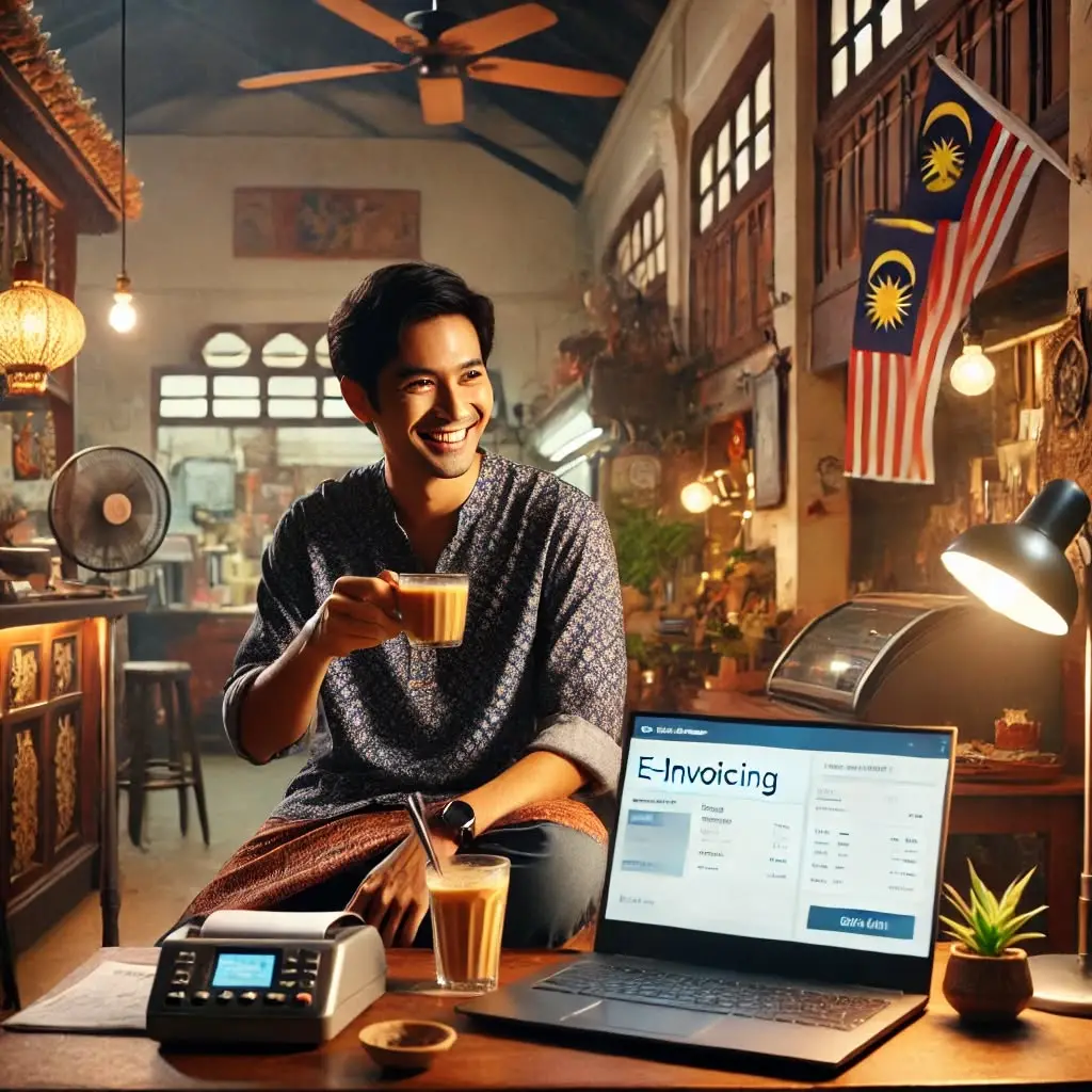 Illustration of a Malaysian shop owner at a laptop showing an e-invoicing screen, with a teh tarik on the table