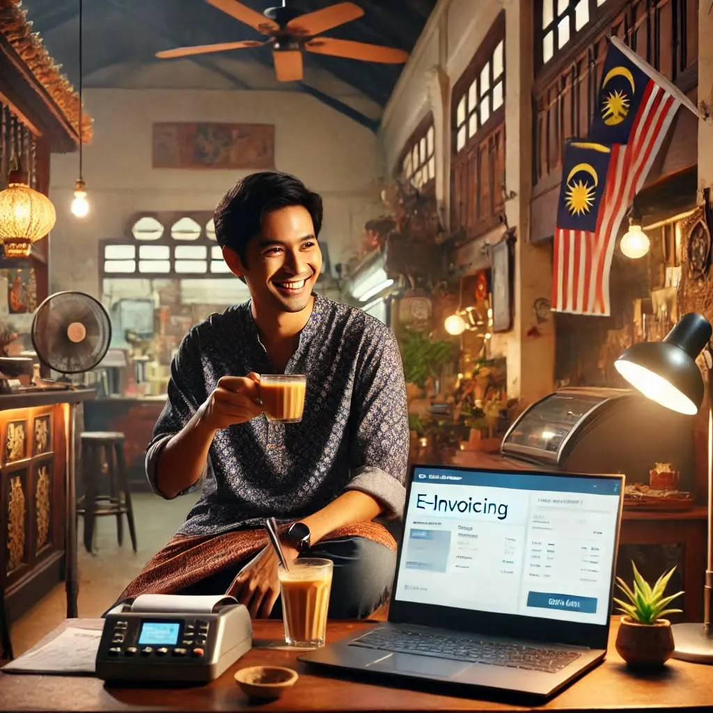 Illustration of a Malaysian shop owner at a laptop showing an e-invoicing screen, with a teh tarik on the table