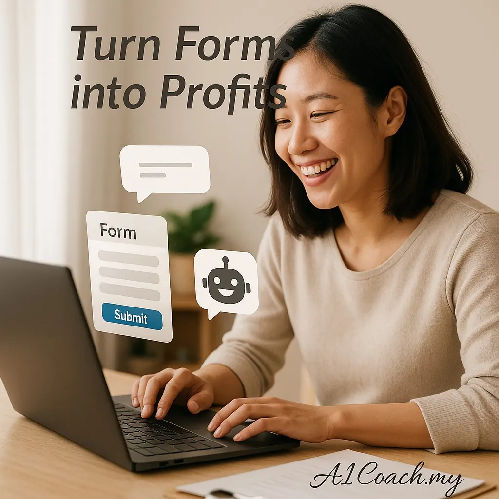 AICoach.my graphic titled Turn Forms into Profits, showing a person at a laptop with a form and chatbot icon floating above it