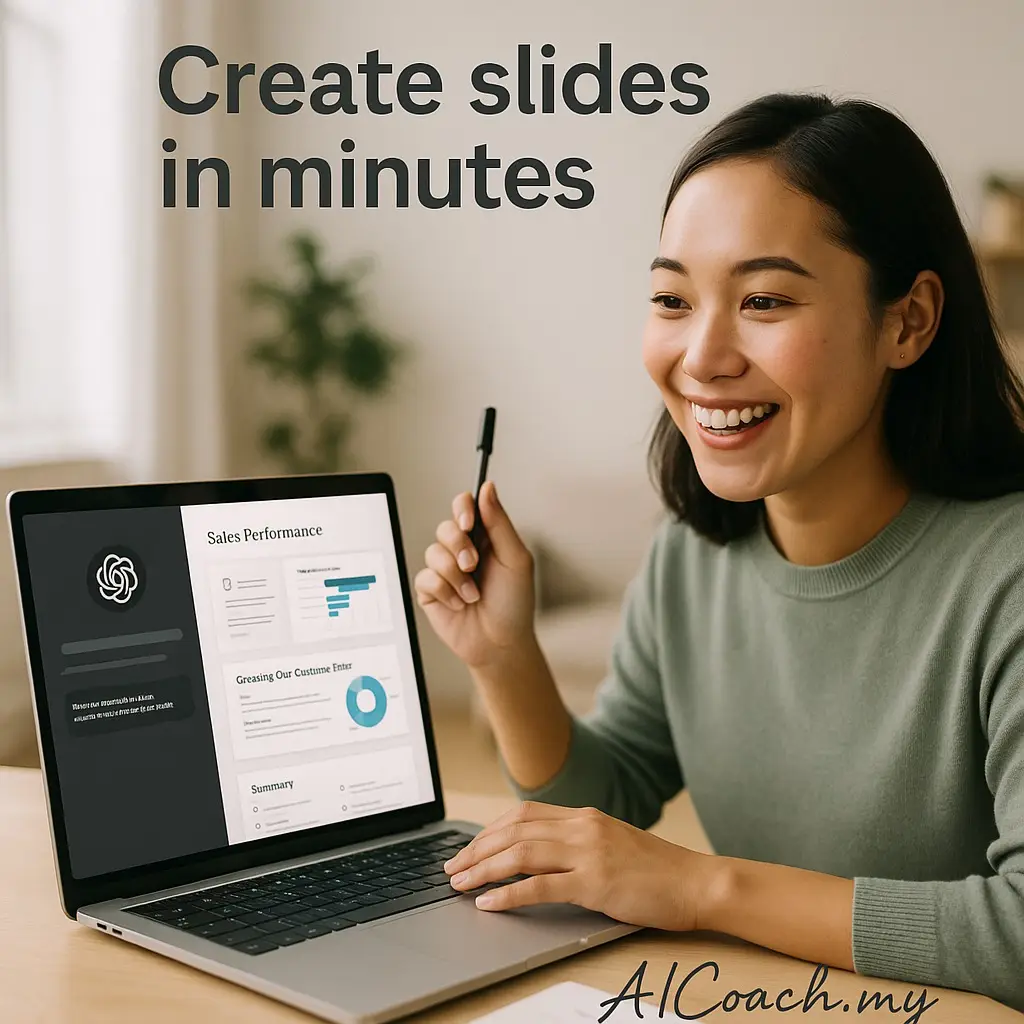 AICoach.my graphic titled Create slides in minutes, showing a person at a laptop with an AI-generated sales deck on screen