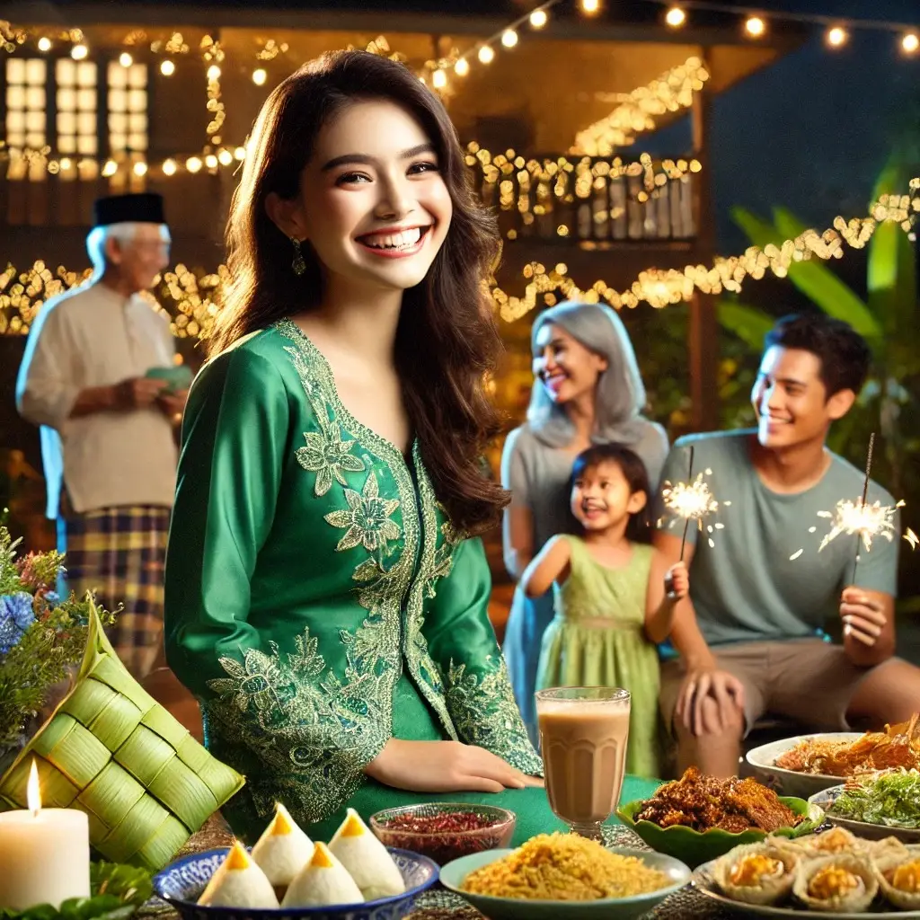 Illustration of a family celebrating Hari Raya outdoors at night, with ketupat and festive dishes on the table