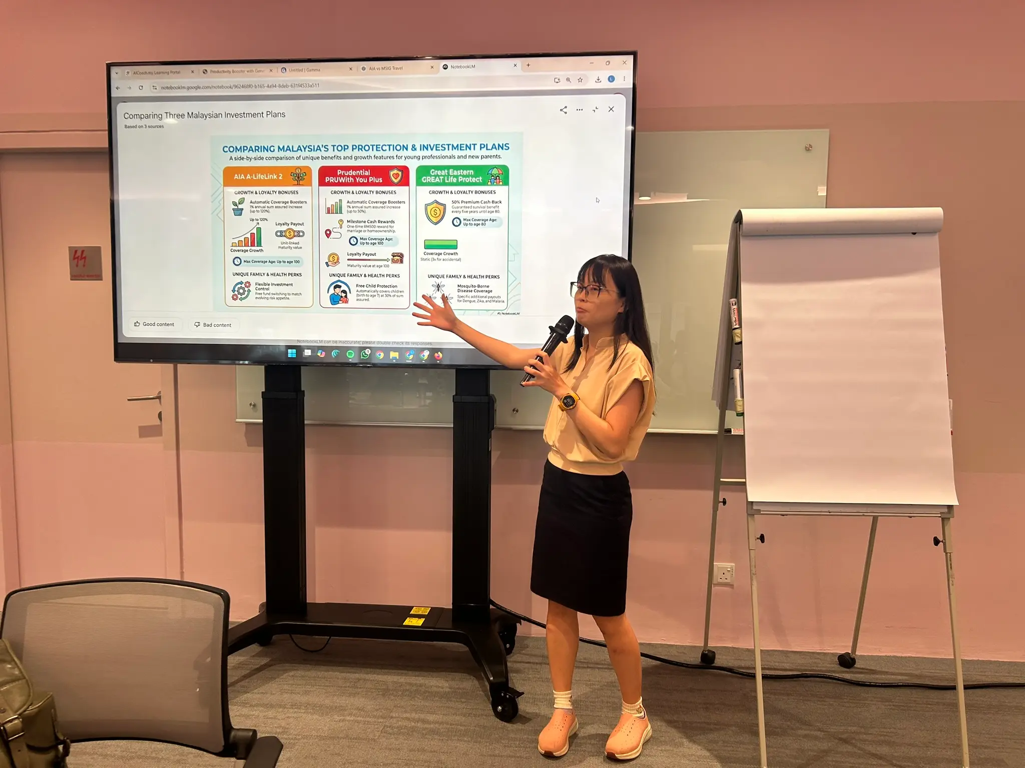 Trainer explaining an AI-generated comparison of AIA, Prudential, and Great Eastern investment plans on the classroom screen