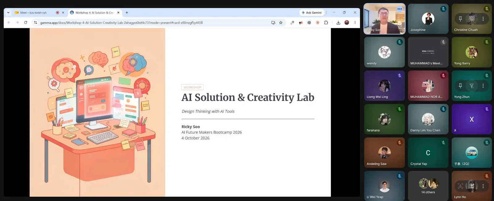 Shared screen showing the title slide 'AI Solution & Creativity Lab: Design Thinking with AI Tools' beside a column of participant video tiles, online, 4 October 2026