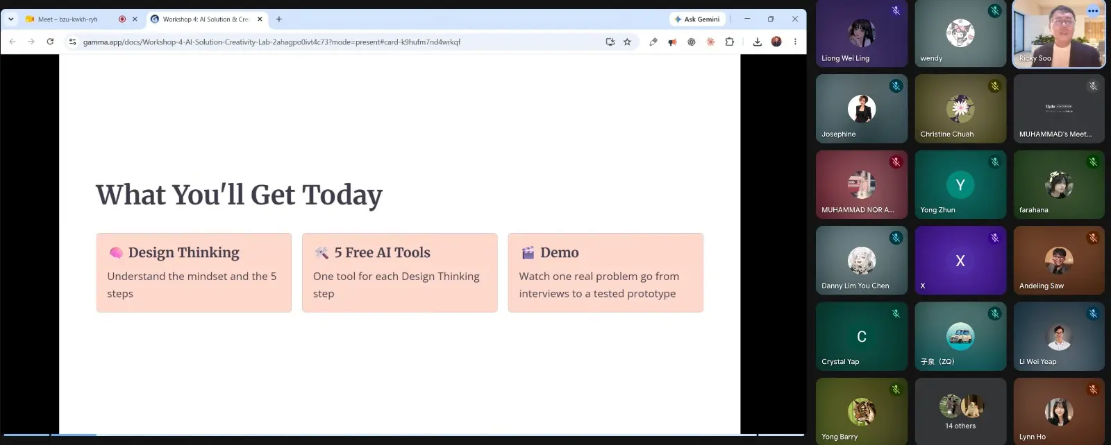 Shared slide titled 'What You'll Get Today' listing Design Thinking, 5 Free AI Tools and Demo, with participant tiles on the right, online, 4 October 2026