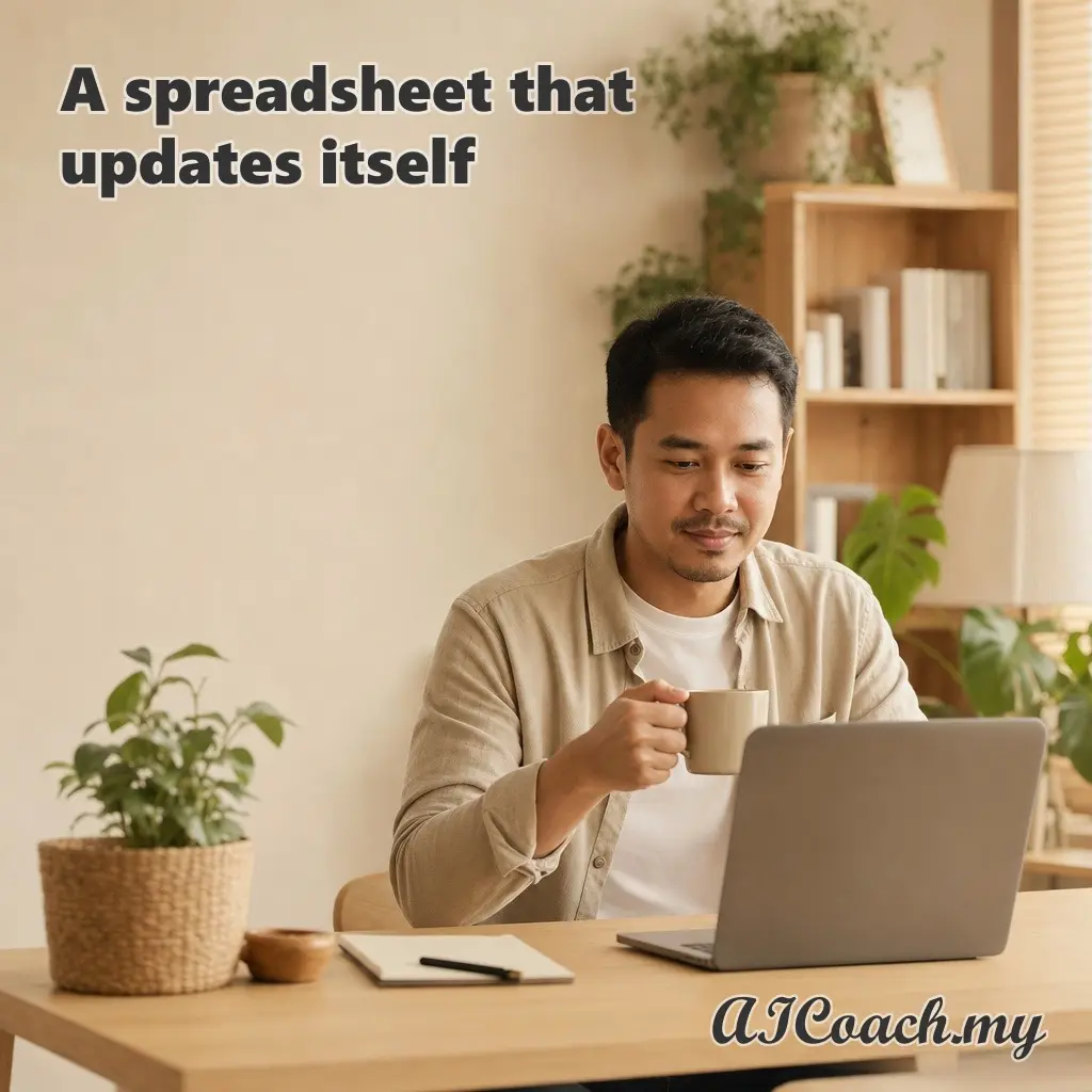 AICoach.my graphic reading 'A spreadsheet that updates itself', showing a man with a morning coffee opening his laptop