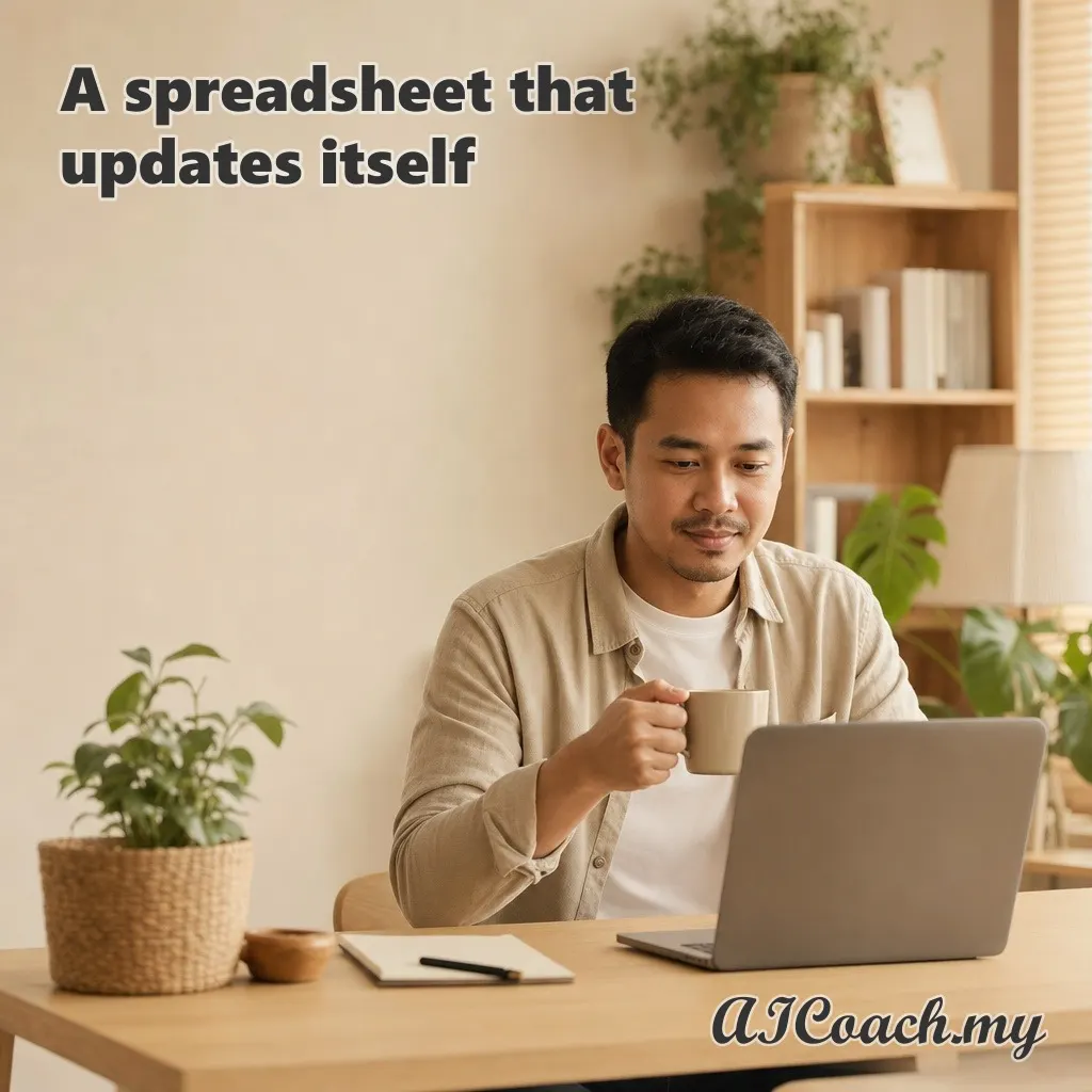AICoach.my graphic reading 'A spreadsheet that updates itself', showing a man with a morning coffee opening his laptop