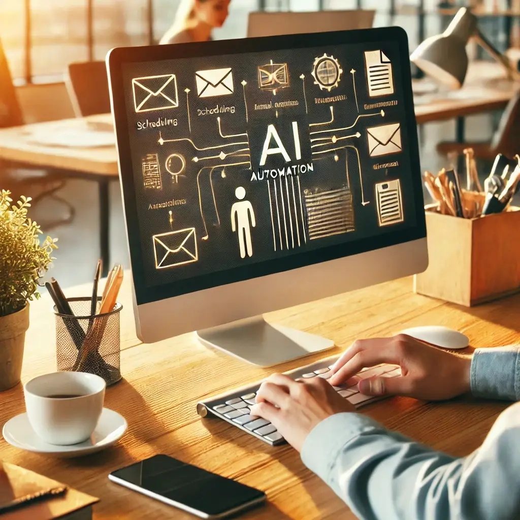 Illustration of a person at a desktop computer showing a glowing workflow diagram labelled AI automation