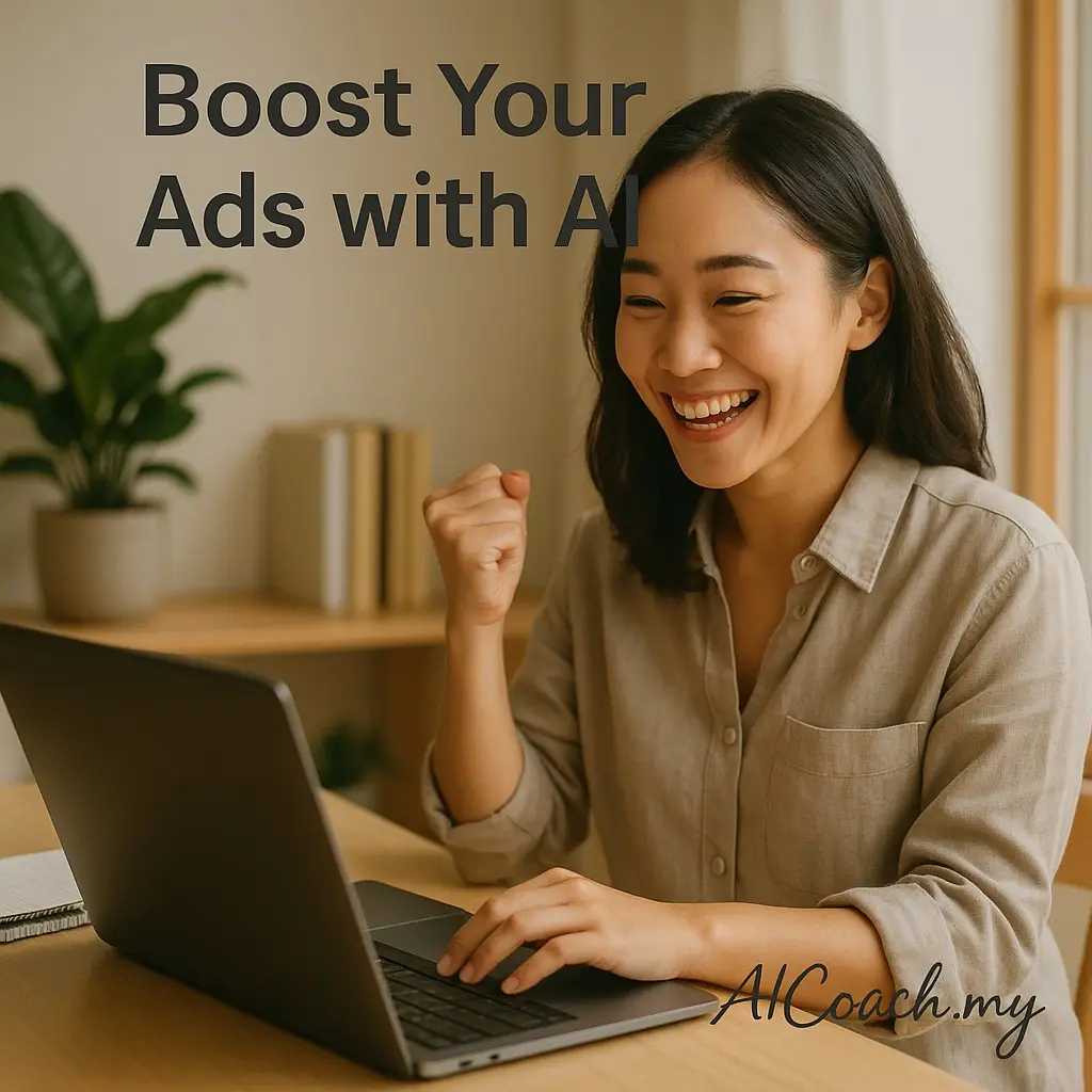 AICoach.my graphic reading 'Boost Your Ads with AI', showing a woman celebrating at her laptop