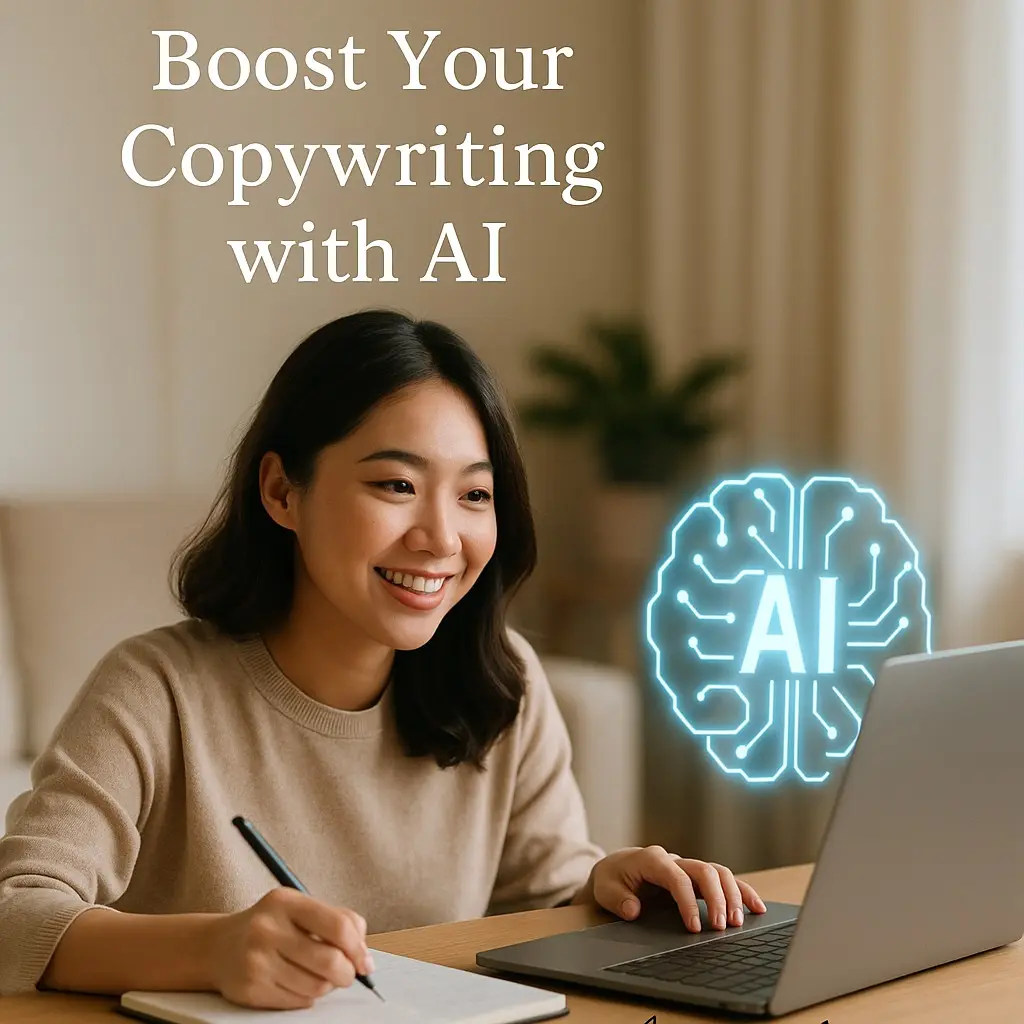 AICoach.my graphic reading 'Boost Your Copywriting with AI', showing a woman writing beside a laptop and a glowing AI brain icon