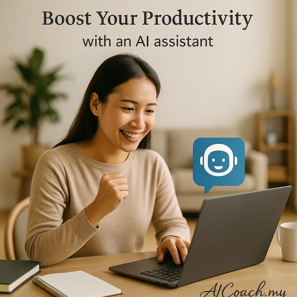 AICoach.my graphic reading 'Boost Your Productivity with an AI assistant', showing a woman at a laptop with an AI assistant icon