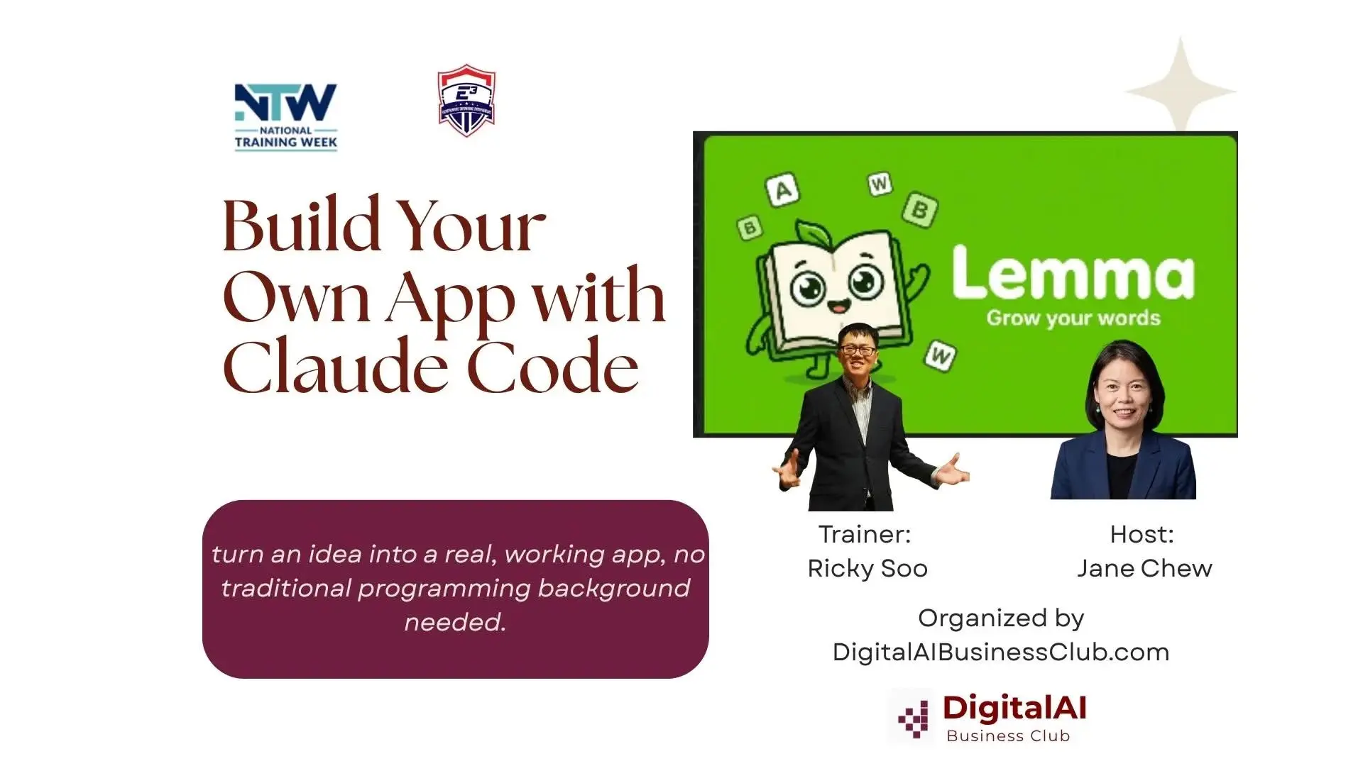 Build Your Own App with Claude Code session graphic, National Training Week, trainer Ricky Soo and host Jane Chew
