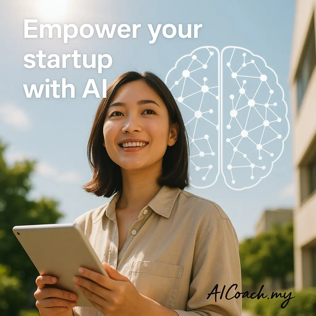 AICoach.my graphic reading Empower your startup with AI, showing a woman holding a tablet outdoors beside a brain illustration