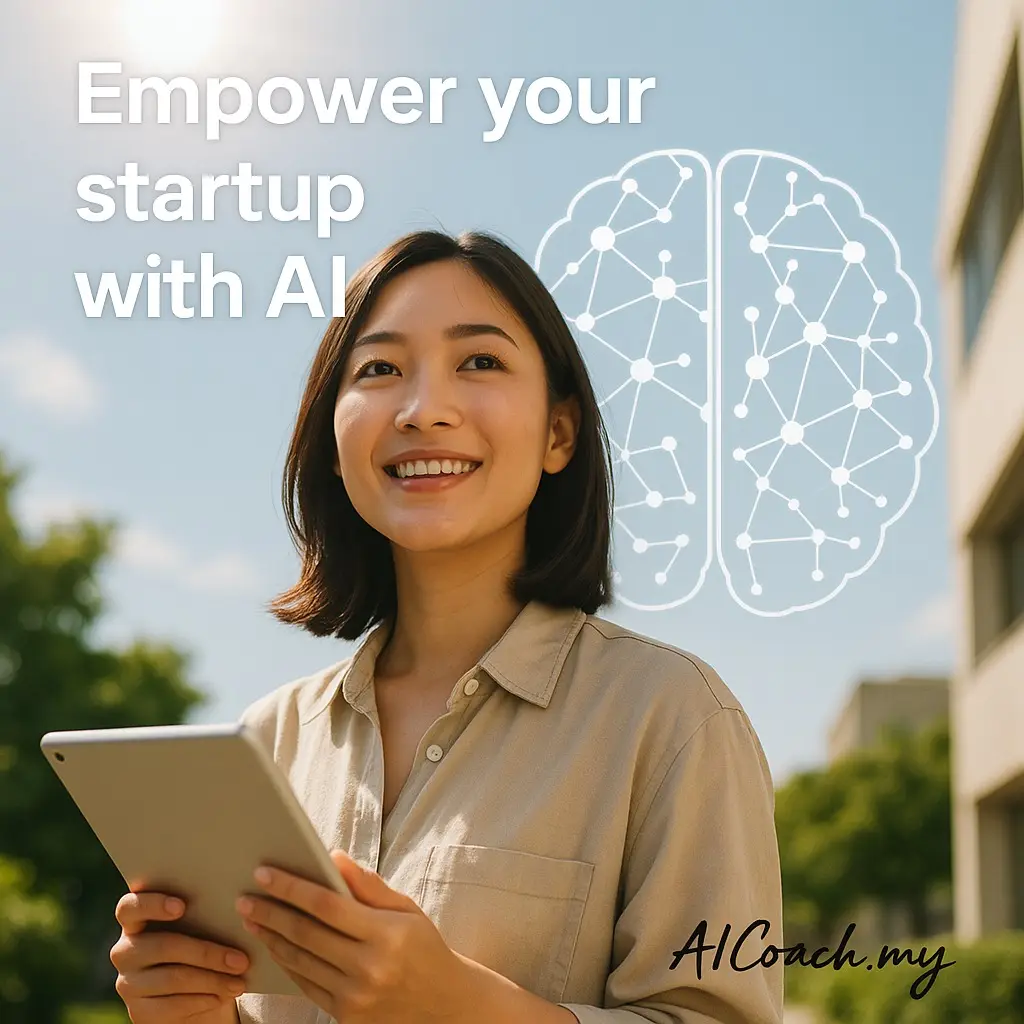 AICoach.my graphic reading Empower your startup with AI, showing a woman holding a tablet outdoors beside a brain illustration