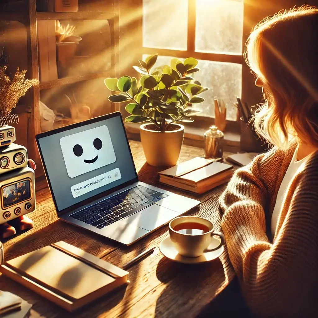 Illustration of a woman at a laptop in warm morning light with a chatbot on screen and a small toy robot beside her